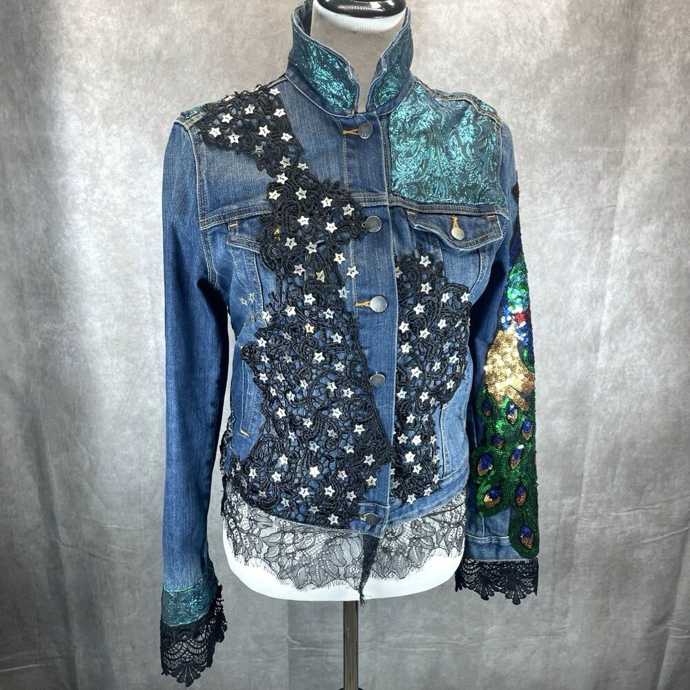 Embellished Denim‎ Jacket Women’s Small Angel Beaded Peacock Lace Sequins Stars